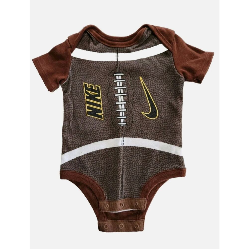 NIKE Romper Baby FOOTBALL Design Snap Bottom One Piece Bodysuit Brown 0-3 Months